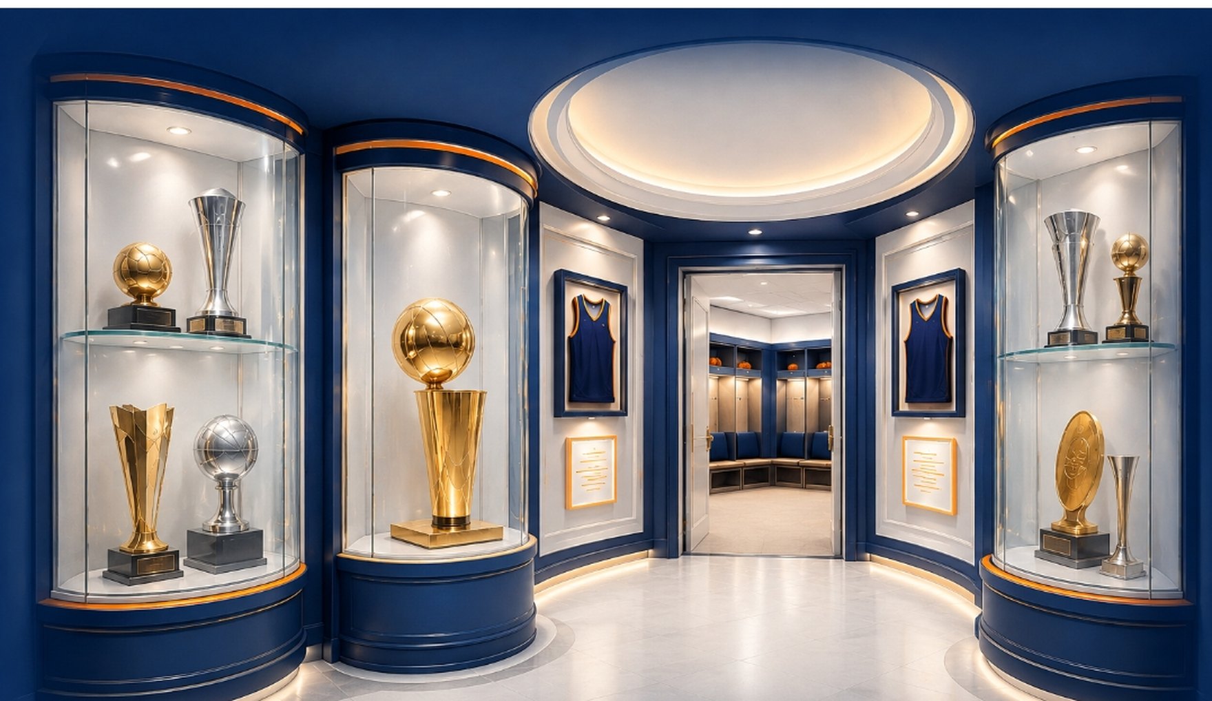 A team locker room: lit trophy cases, framed jerseys, and the locker room through the doorway.